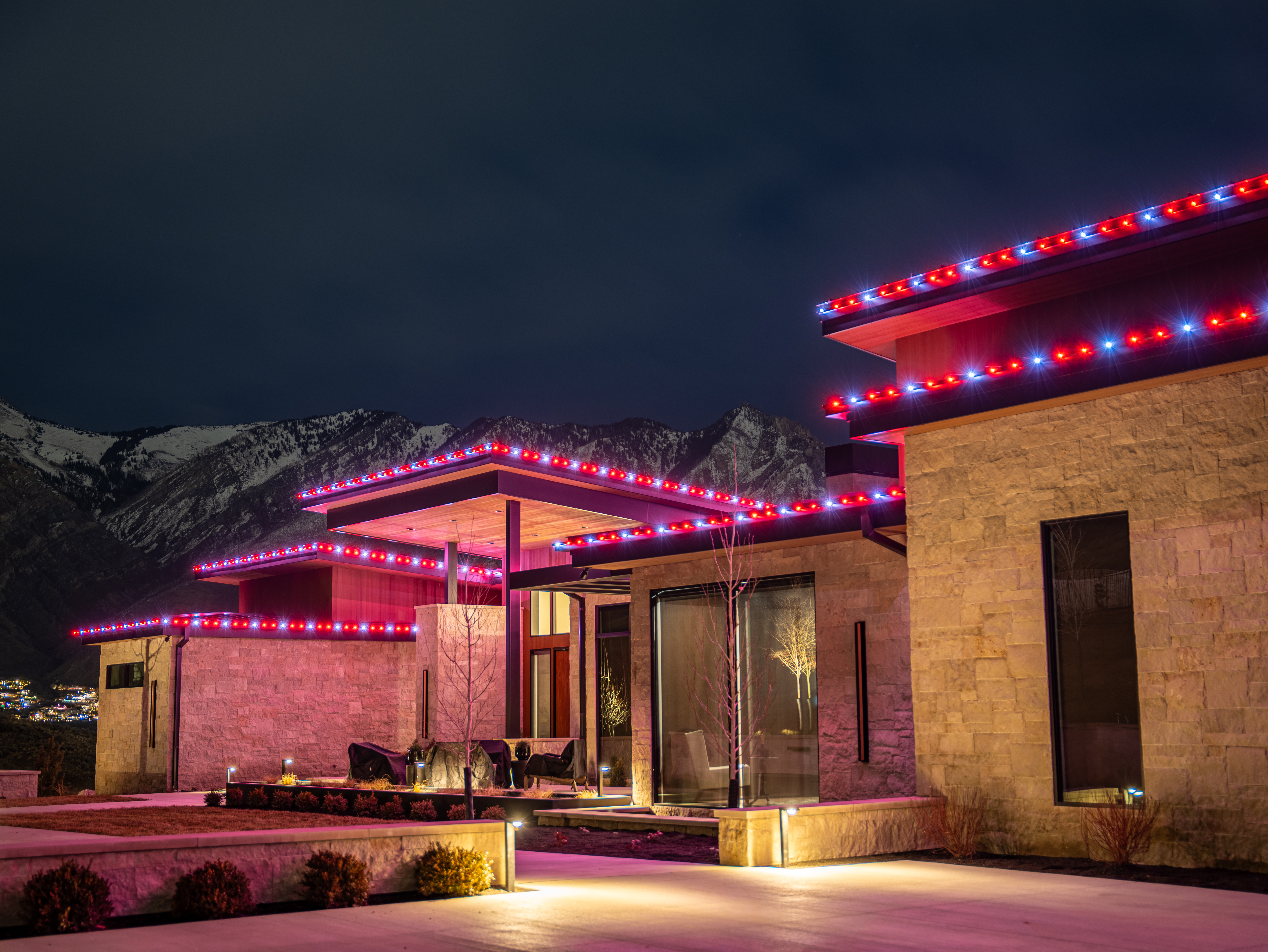 Permanent Christmas lights on residential home roofline